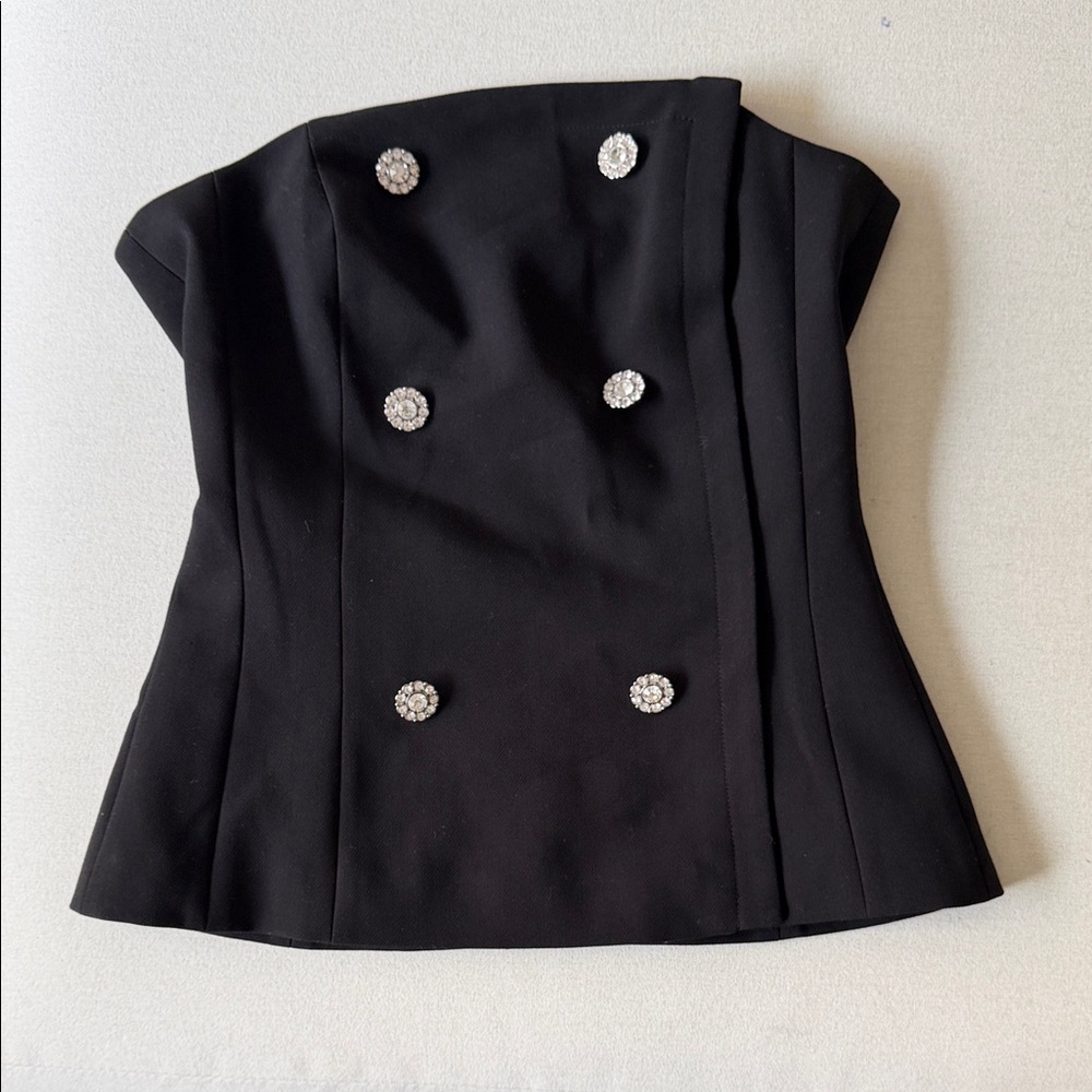 L’agence Black Strapless Zip-Up Top with Rhinestone Buttons